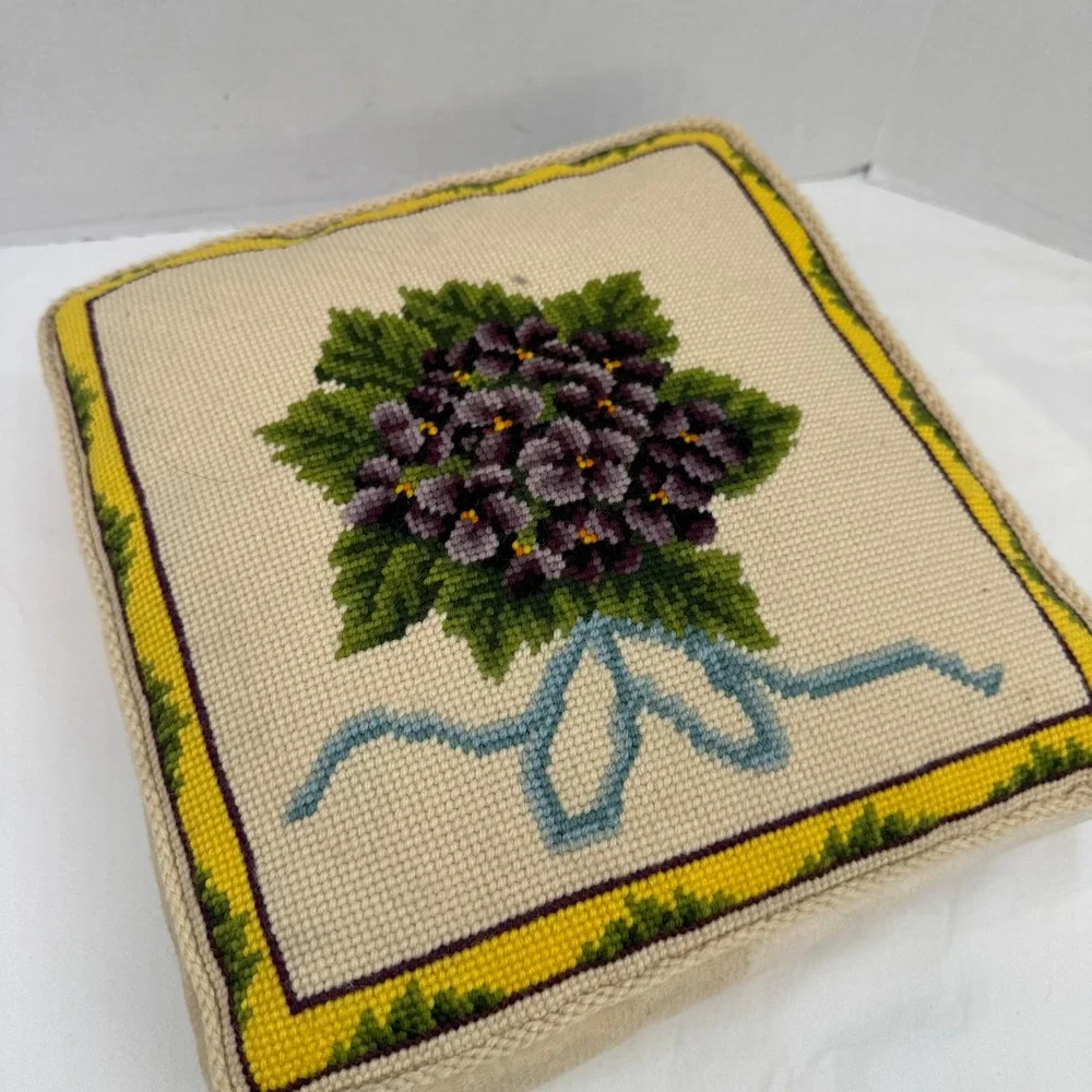 Vintage Needlepoint Violet Floral Throw Pillow Purple Yellow Velvet Back 12in